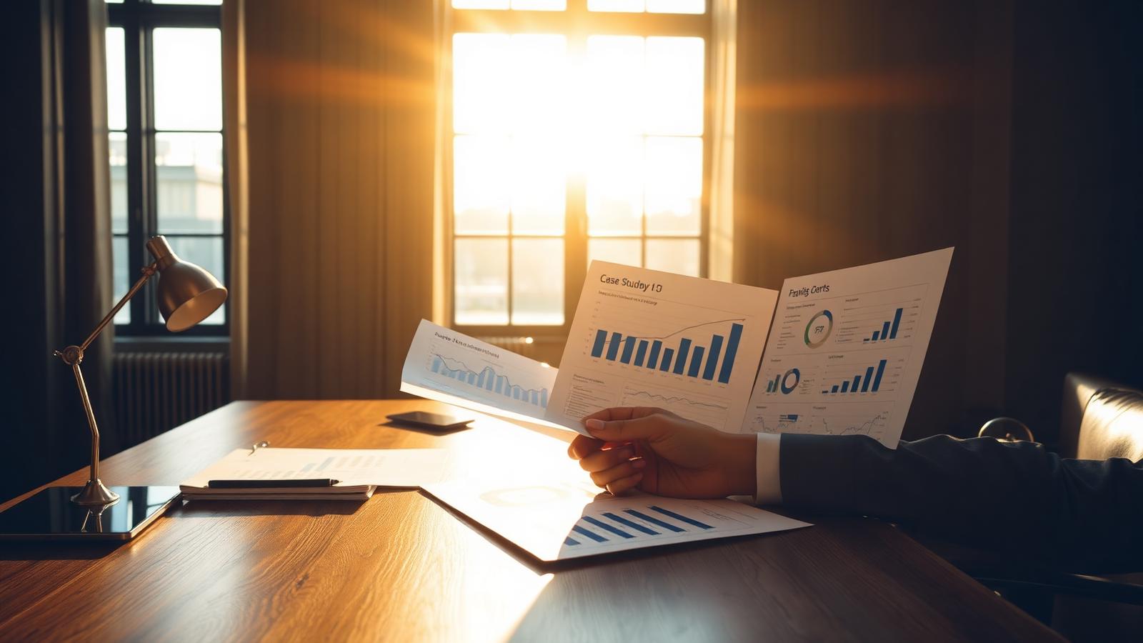 Raporty case studies i wykresy KPI na biurku w świetle popołudniowego słońca